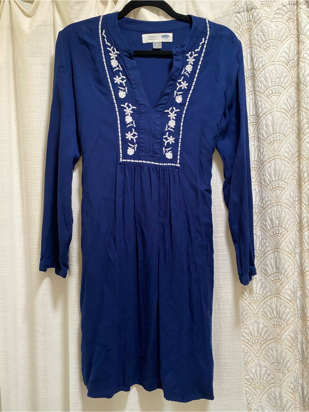 Old Navy Royal Blue Long-Sleeve Embroidered V-Neck Tunic Dress